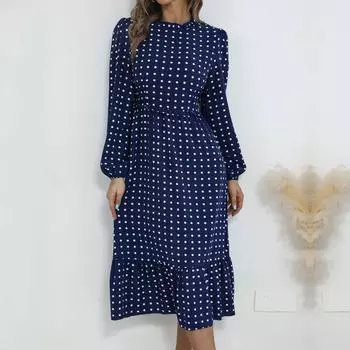 YYFS женские винтажные повседневные платья в горошек с принтом на лето и весну с длинным рукавом и круглым вырезом с высокой талией S королевский синий