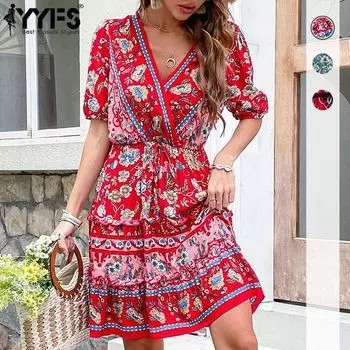 YYFS женские винтажные повседневные платья в богемном стиле на лето и весну с цветочным принтом и коротким рукавом, с v-образным вырезом и высокой талией S зелёный