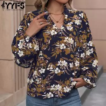 YYFS женские винтажные повседневные весенне-осенние блузки и рубашки с v-образным вырезом и длинными рукавами с цветочным узором и принтом S темно-синий