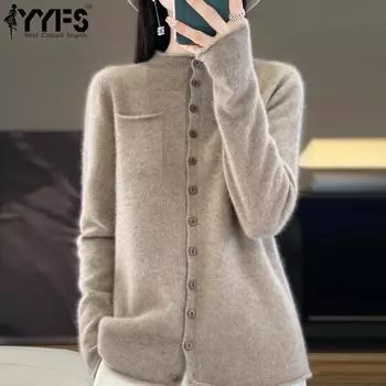 YYFS Женский кашемировый кардиган с круглым вырезом Qinghe Cashmere 30% Кашемир 70% Шерсть Зимний вязаный пуловер Осенний свитер Кашемировый свитер M теплый белый