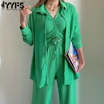 YYFS женский модный костюм-тройка, однотонный принт, поло с длинным рукавом, брюки, брюки, костюмы S зелёный