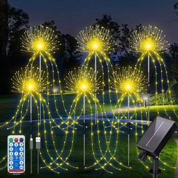 YZYOE 6 шт., 720 светодиодов, наружные теплые желтые фейерверки на солнечной батарее, декоративная подсветка для сада с дистанционным управлением, водонепроницаемые фейерверки на солнечной батарее и USB, 8 шт.