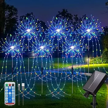 YZYOE 6 шт. 720 светодиодов, наружный фейерверк на солнечных батареях, семь цветов, декоративный светильник для сада с дистанционным управлением, водонепроницаемый фейерверк на солнечных батареях и USB, 8 шт.