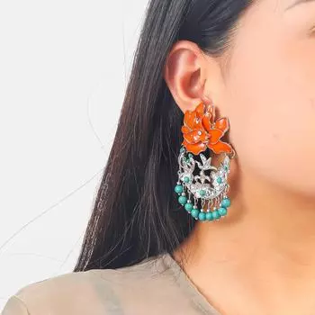 Z Новые ретро бирюзовые этнические серьги-ласточки с цветами оранжевый