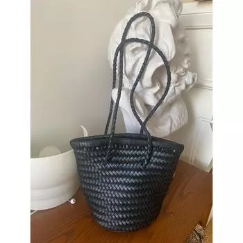 Z Style Ins ~ Woven Bag New Arrival Summer Satchel Vegetable Basket French Style Retro PU Leather Hand-Woven Bag Woven Bag Bucket Bag Black