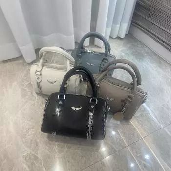 Z*V Новая модная сумка-ведро из коровьей кожи цвета личи с текстурированной фурнитурой, для ношения в руке и через плечо 26x12x15 чёрный