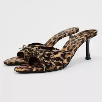ZA2024 New European and American High Quality Women Shoes Bow Knot Leopard Print High Heel Slippers Women Slippers 35 соломенный