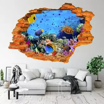 За пределами сломанной стены морской мир 3d виниловые наклейки для гостиной спальни украшения дома плакат настенные наклейки 57x90cm синий