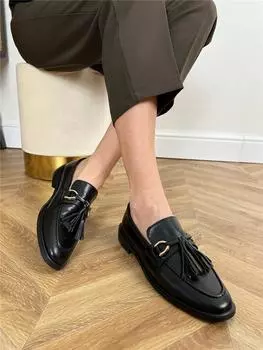 ZA женские лоферы из натуральной кожи, туфли на плоской подошве, женская обувь с металлическими украшениями и кисточками, круглый носок, весенне-осенний цвет, черный 43 34 чёрный