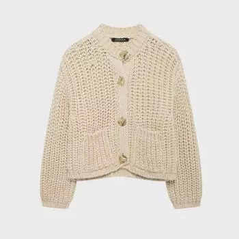 ZA Женский свитер-кардиган крупной вязки с круглым вырезом в европейском и американском стиле 5802113 Small бежевый