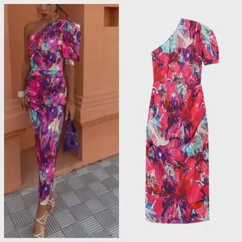 ZA Женское асимметричное облегающее летнее платье с одним рукавом и принтом в европейском и американском стиле Large цветочный