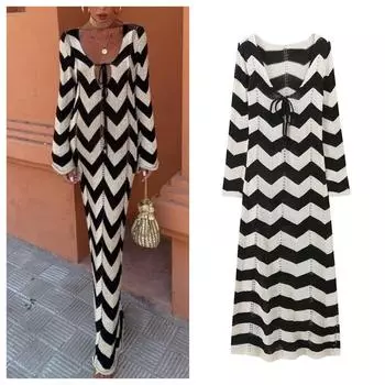 ZA Женское платье в европейском и американском стиле с U-образным вырезом, шнуровкой, узким трикотажем и длинной юбкой контрастного цвета с рябью Medium