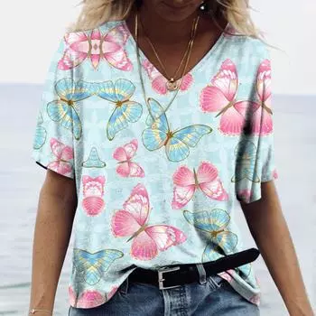 Забавная 3D бабочка Harajuku женская футболка летний тренд одежда для девочек женская толстовка свободного покроя блузка с коротким рукавом топы с V-образным вырезом S