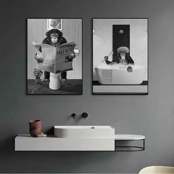 Забавная черно-белая обезьяна в ванной, чтение газет, постер, печать на холсте, настенная живопись, картина для туалета, туалета, домашний декор 21x30cm No Framed