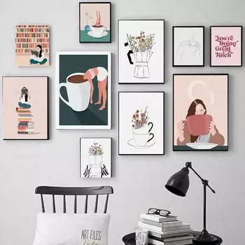 Забавная девушка читает коктейль Кофе Плакаты Кофе Арт Принт Скандинавская настенная живопись на холсте Картины Кухня Кафе-бар Домашний декор 21x30cm No Frame
