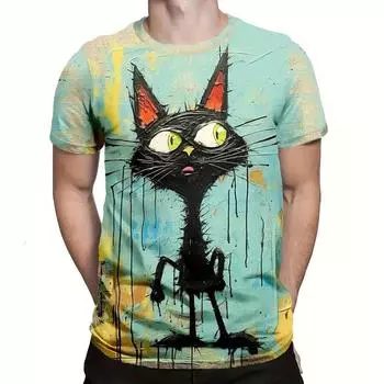Забавная футболка с 3D мультяшным котом и принтом для мужчин, модные футболки с граффити в стиле Харадзюку, повседневные футболки с круглым вырезом и короткими рукавами, летний свободный топ S