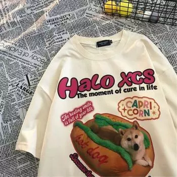 Забавная футболка с круглым вырезом и принтом «Настоящий хот-дог» для мужчин и женщин, летняя модная тенденция в стиле ретро, повседневный удобный топ с короткими рукавами для пар, Harajuku M белый