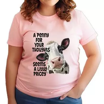 Забавная футболка с надписью «Cow Penny Thoughts Saying» большого размера, женские футболки с изображением коровы, футболки с круглым вырезом, большие топы S розовый