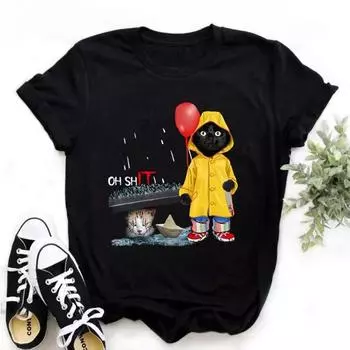 Забавная футболка с принтом черного кота для женщин Повседневный белый топ Harajuku Футболки Женская одежда Рубашка S