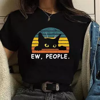 Забавная футболка с принтом черного кота, женская персонализированная футболка, летняя дышащая женская футболка, топы S чёрный