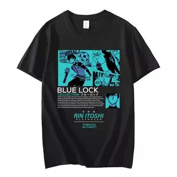 Забавная футболка с принтом японского аниме Blue Lock Rin Itoshi, мужская и женская модная летняя повседневная футболка высокого качества с короткими рукавами, уличная одежда S чёрный