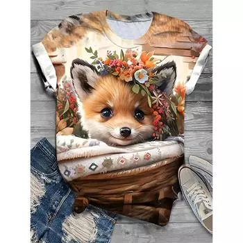 Забавная футболка с рисунком лисы, кота, быка для женщин, футболки с цветочным 3D-принтом, летние футболки Harajuku с круглым вырезом, свободные топы с короткими рукавами S