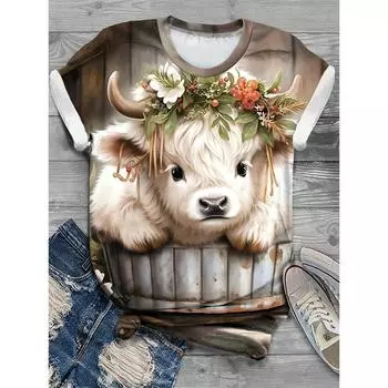 Забавная футболка с рисунком лисы, кота, быка для женщин, футболки с цветочным 3D-принтом, летние футболки Harajuku с круглым вырезом, свободные топы с короткими рукавами S