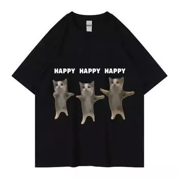 Забавная футболка с рисунком милого кота и мема Happy Dance Cat, футболка с короткими рукавами и принтом унисекс, женская повседневная модная хлопковая футболка большого размера L
