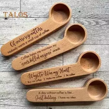 Забавная гравированная кофейная ложка, деревянная кофейная ложка, зажим для мешка, многоцелевой измерительный инструмент для кофейных зерен, порошка A