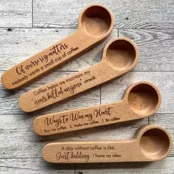 Забавная гравированная кофейная ложка, деревянная кофейная ложка, зажим для мешка, многоцелевой измерительный инструмент для кофе