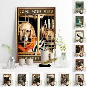 Забавная и милая маленькая собачка, персонифицированный ретро-плакат, ложка, юмористическая иллюстрация животного, настенная живопись в стиле ретро, кошка-энтузиаст 21cm30cm NoFrame