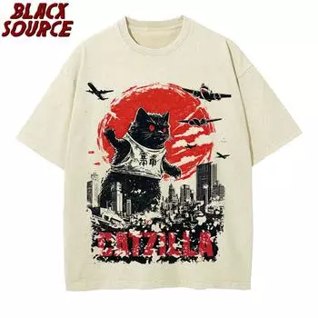 Забавная Катзилла Япония Кот Котенок Любитель Мужская Футболка Мужские Повседневные Футболки Летняя Футболка Оверсайз Футболка Мужская Хлопковая Футболка S