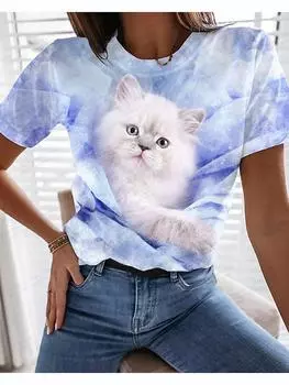 Забавная кавайная женская футболка с аниме котом, футболка с 3d принтом, женская модная футболка, летняя футболка, футболка с животным, топы для девочек S