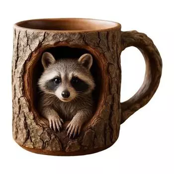Забавная кружка с енотом, кружка с текстурой коры, кружка из смолы с животным, кофейная чашка ручной работы, барная пивная кружка, подарок для любителей природы A