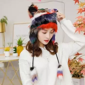 Забавная личность мультфильм плюшевые шапки-бомберы женские осенне-зимние модные теплые милые кошачьи ушки контрастного цвета русская шапка 56-58cm