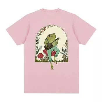 Забавная лягушка, играющая на банджо на грибах, футболка с рисунком, эстетическая одежда Cottagecore, одежда унисекс, футболки, мужская хлопковая футболка большого размера S чёрный