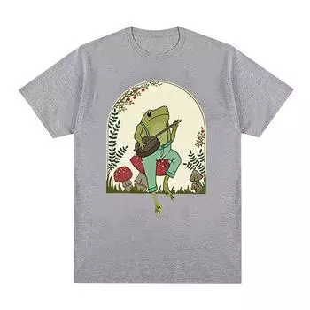 Забавная лягушка, играющая на банджо на грибах, футболка с рисунком, эстетическая одежда Cottagecore, одежда унисекс, футболки, мужская хлопковая футболка большого размера S чёрный