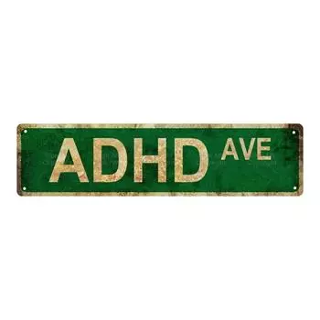 Забавная металлическая жестяная табличка «ADHD Ave» — идеально подходит для декора дома, бара, кафе и гаража | Прочная художественная настенная подвеска | 15,75 X 3,94 чёрный