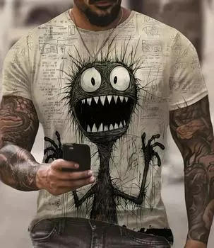 Забавная мужская футболка с 3D рисунком монстра в панике, новинка 3d, футболка большого размера с коротким рукавом и круглым вырезом, летняя уличная футболка, одежда XS