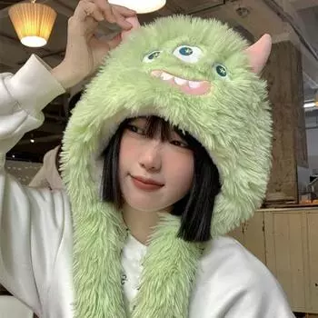 Забавная плюшевая шапка с мультяшным дизайном, супермягкая, ультра-толстая, приятная для кожи, ветрозащитная, очаровательная термоплюшевая шапка, головной убор зелёный