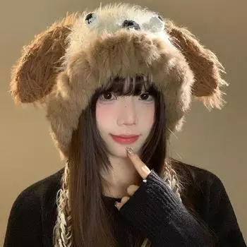 Забавная плюшевая шапка в виде маленького животного, женская, милая, щенячья, большие уши, утепленная шапка на осень и зиму M56-58cm хаки