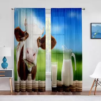 Забавная прозрачная занавеска с изображением сельскохозяйственных животных, молочной коровы и молока для гостиной, вуаль для оконных жалюзи, тюлевые занавески для спальни, кухни, шторы 1 PCS W100XH250cm&Rod Pocket