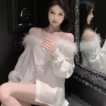 Забавная пушистая рубашка с длинными рукавами и однотонным воротником, сексуальный топ с открытыми ключицами, комплект из кардигана и рубашки pure desire One size [can wear 80-55kg]