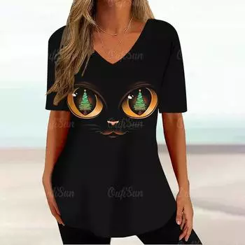 Забавная рождественская футболка с 3d принтом кота, женский топ с v-образным вырезом, летняя винтажная модная готическая футболка, одежда больших размеров, женская одежда 5xl M
