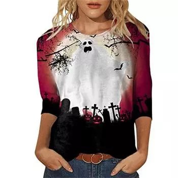 Забавная рождественская хеллоуинская модная универсальная цифровая печать сексуальная женская футболка с круглым вырезом свободная повседневная с длинным рукавом женская удобная M