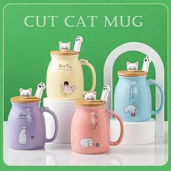 Забавная рождественская кружка 450 мл, новая мультяшная керамическая чашка с милым котом, с крышкой и ложкой, оригинальные кружки, кофейные чашки, бесплатная доставка, посуда для напитков 450ml