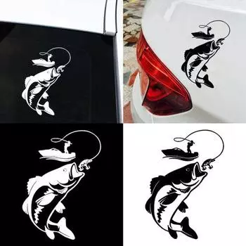 Забавная рыбалка Рыбак Рыба Лодка Автомобиль Светоотражающие наклейки Декор чёрный