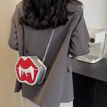 Забавная сумка через плечо с изображением зуба и губы, готическая сумка через плечо с цепочкой на Хэллоуин, кошелек и сумочка из искусственной кожи с блестками для женщин 23x6x16cm чёрный