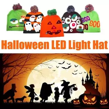 Забавная светодиодная вязаная шапка с подсветкой на Хэллоуин, новинка, шляпа унисекс, детская шляпа, декорации, вечерние шляпы(батарея в комплекте) чёрный