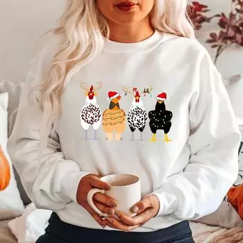 Забавная толстовка с цыплятами Рождественский свитер с цыплятами Забавная футболка с животными Милые толстовки с капюшоном для фермеров Рождественские деревенские рубашки Подарок на ферму S чёрный